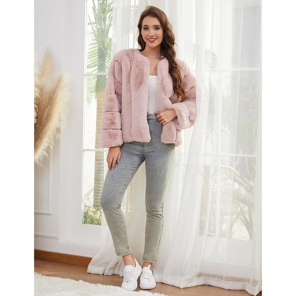 Women's Faux Fur Coat Long Sleeves Open Front Warm Winter Cropped Jacket Pink - Picture 3 of 6